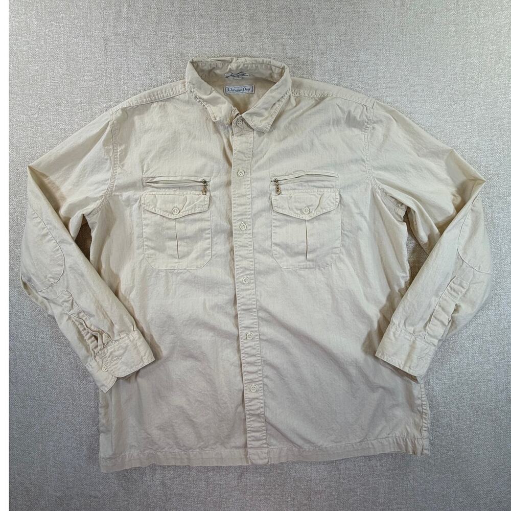 Christian Dior Men XL Cream Long Sleeve Button Front Casual Shirt Classic